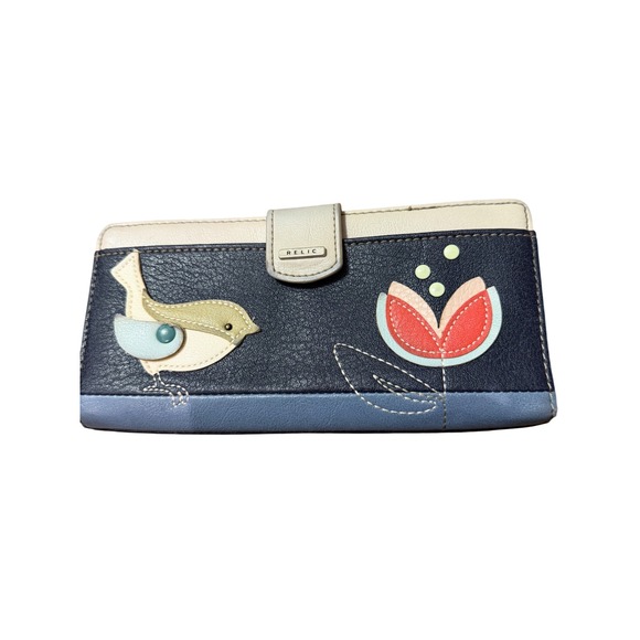 Relic Handbags - Relic Womens Navy Blue Bird Floral Applique Bifold Wallet Snap Closure